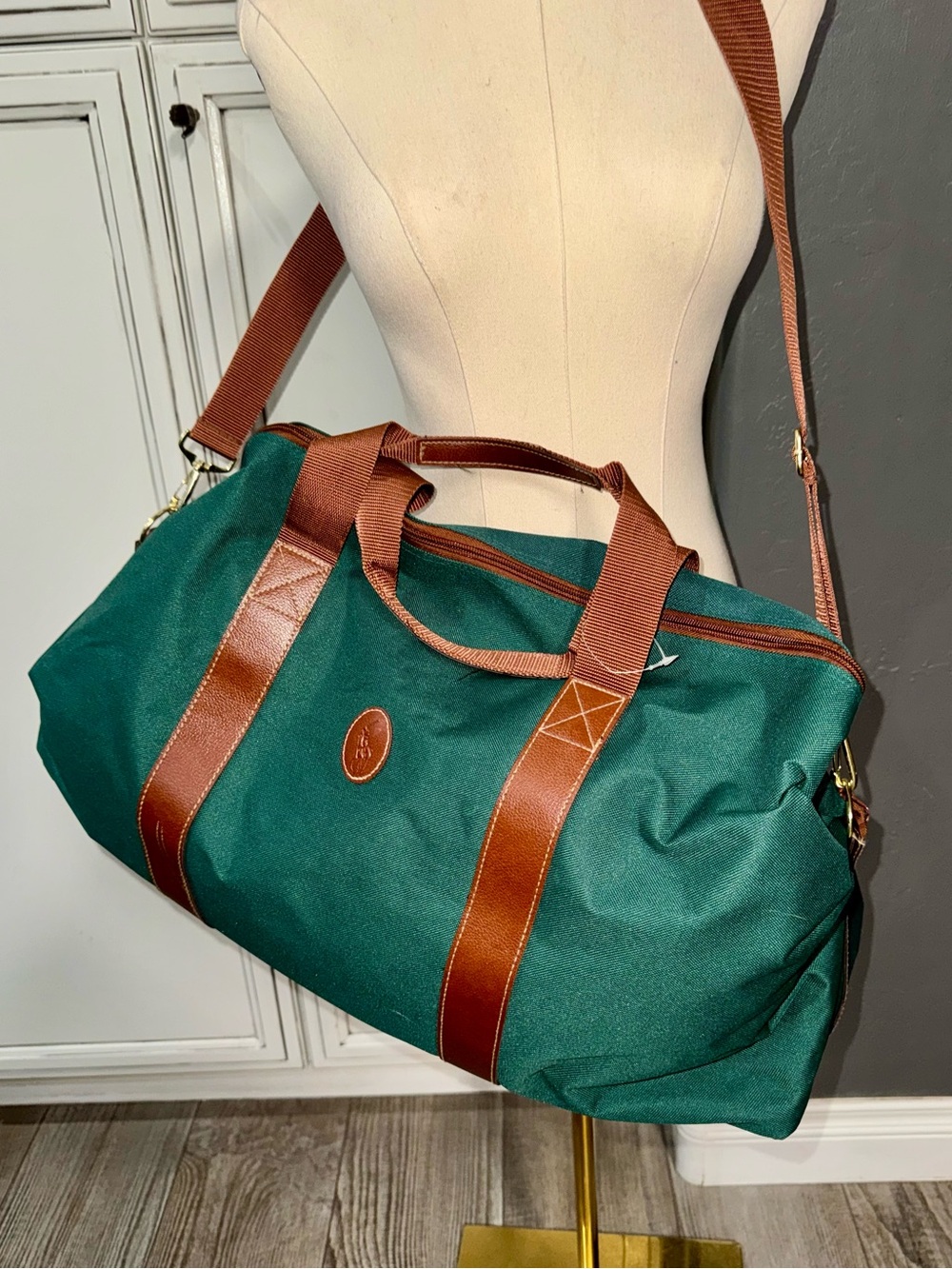 vintage Polo Ralph Lauren green canvas brown leather-trim weekender duffle bag